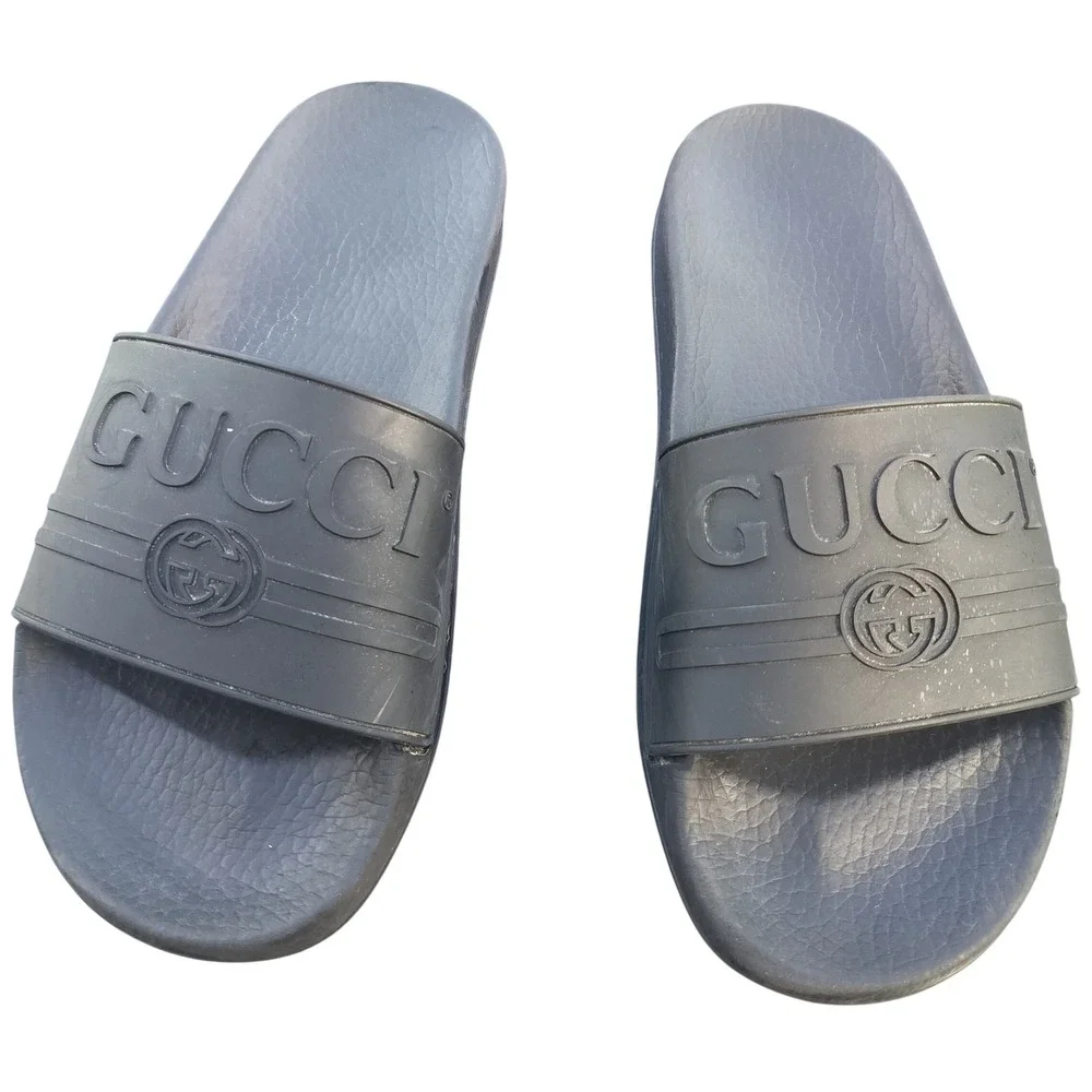 Gucci Rubber Logo Slides Sandals Dark Grey Interlocking G Made in Italy‎ 12